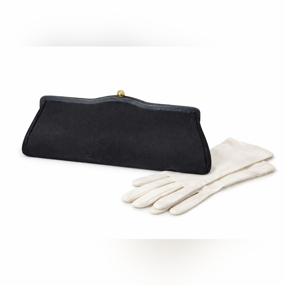 Vintage 1950s Black Satin Evening Clutch Purse Gold Kiss Lock Cocktail Bag